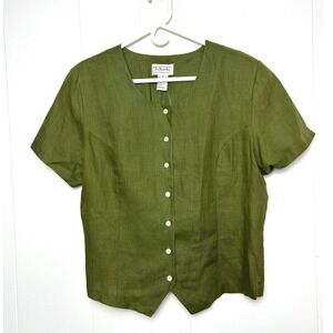 NEW Vintage Talbots 100% Irish Linen Top Womens 16 Olive Green Button Front